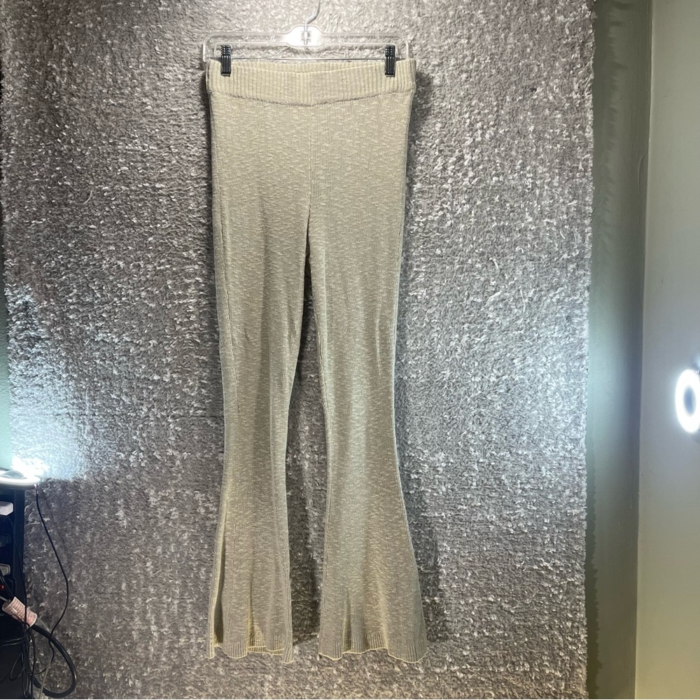 Free People Beach Pull On Pants Ribbed Knit Flared Hem High Waist Beige Womens S